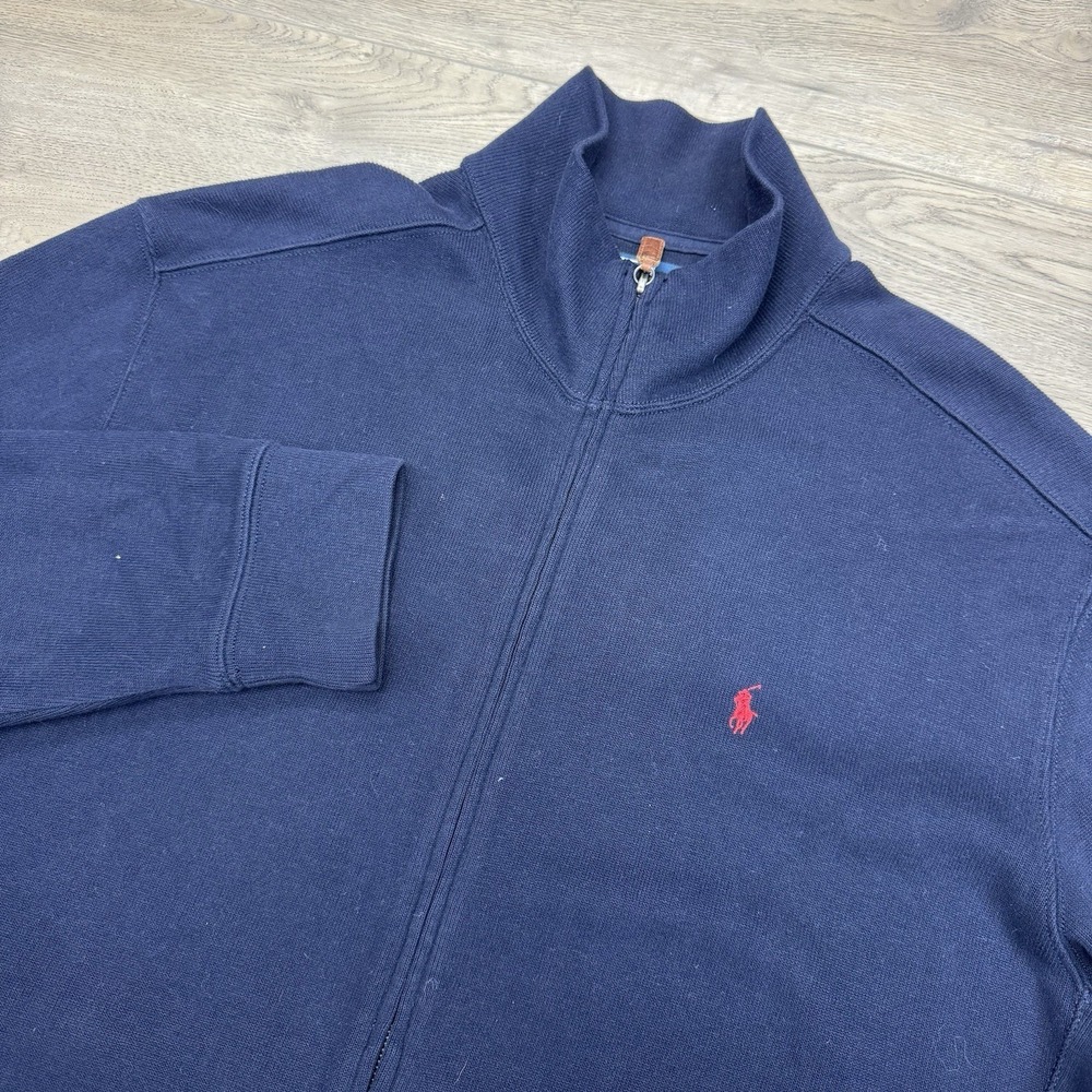 Polo Ralph Lauren Navy Blue Full Zip Sweater Jacket USA Mens Sz L Preppy Busines